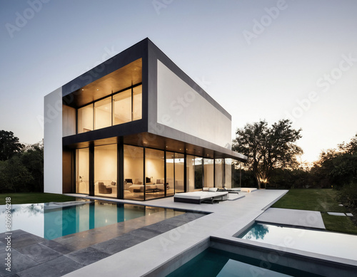 modern luxury house exterior with a garden and pool