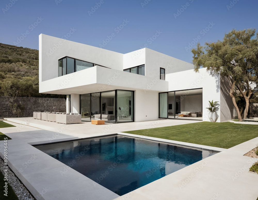 Fototapeta premium modern luxury house exterior with a garden and pool