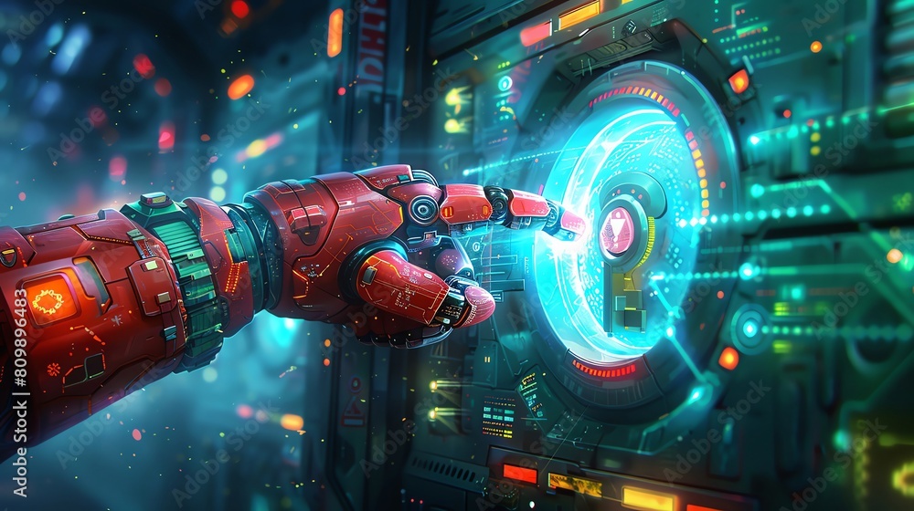 A cyber key being inserted into a digital lock, triggering a futuristic security mechanism A cyber key being inserted into a digital lock, triggering a futuristic security mechanism