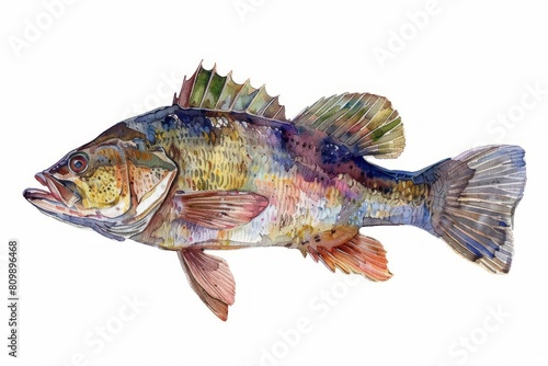 Bass, Pastel-colored, in hand-drawn style, watercolor, isolated on white background