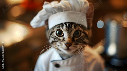 ortrait of a cat wearing a chef suit and hat