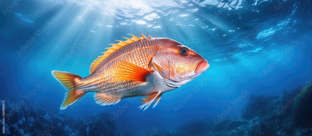 Obraz premium A Bengal snapper with vibrant colors and a fierce expression swims gracefully in the crystal clear ocean creating a stunning copy space image