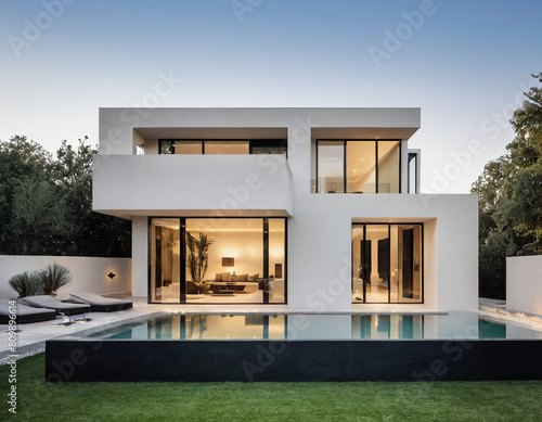 modern luxury house exterior with a garden and pool