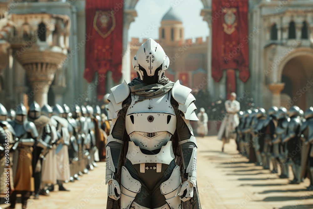 An individual from the distant future, wearing cutting-edge exosuits, emerges in medieval Europe during a grand tournament, amidst armored knights and cheering crowds, under the banner of royalty