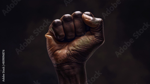 A powerful black fist raised high against a dark background conveys strength and resilience. 