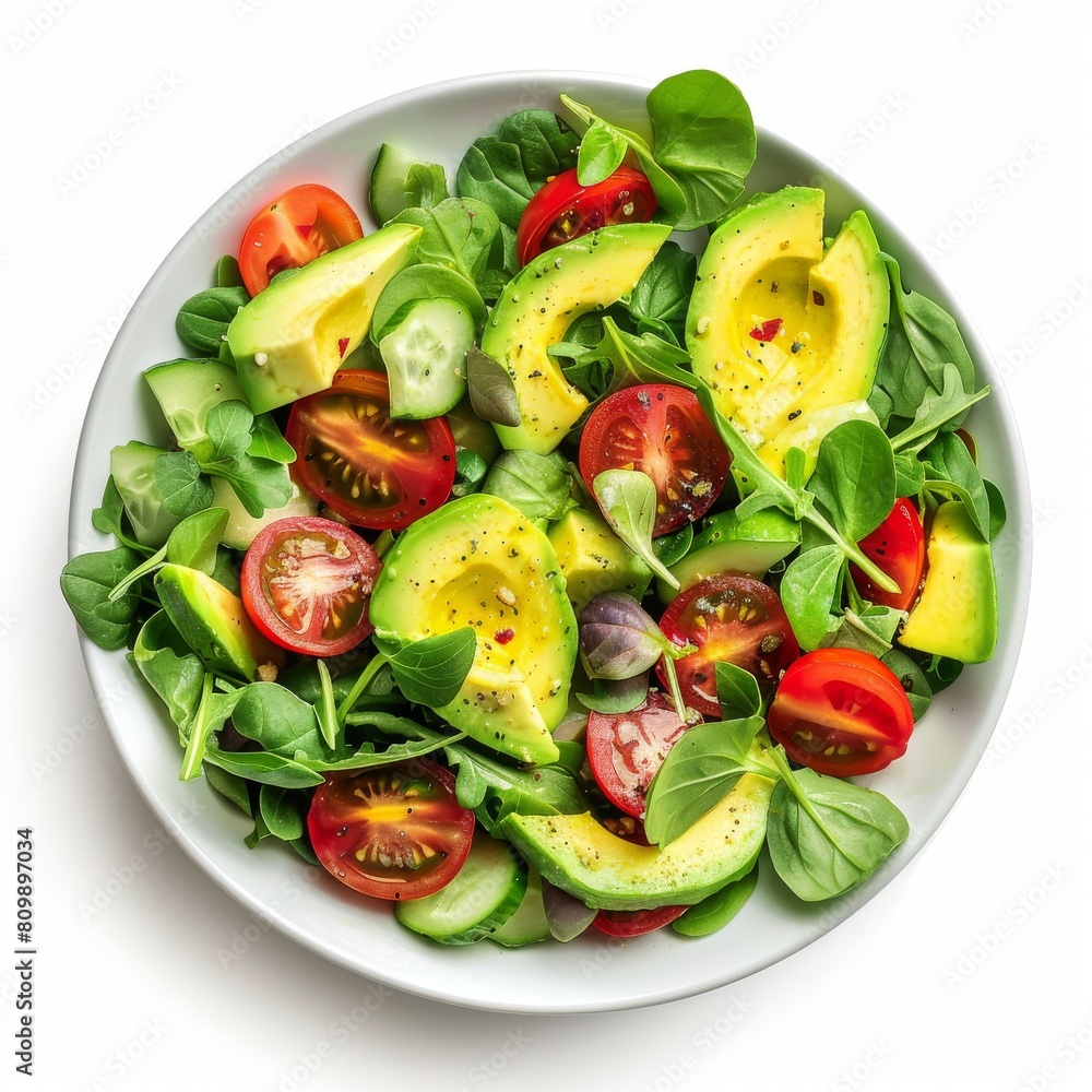 Green Salad with Avocado, Cucumber and Nuts on White Plate Green Salad with Avocado, Cucumber and Nuts on White Plate