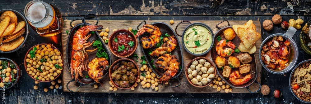 Hot Beer Snacks Set, Wine Snack Collection, Antipasti Buffet of Grilled Prawns, Chicken Wings Barbecue
