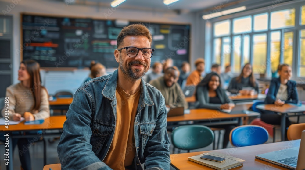 Fototapeta premium A man sits in front of a classroom full of students, delivering a lecture and engaging with the attentive audience.