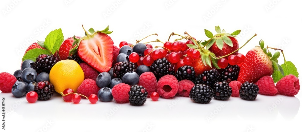 Top view of a variety of ripe berries and fruits including mulberries currants raspberries cherries and strawberries isolated on a white background The image provides ample copy space for text Top view of a variety of ripe berries and fruits including mulberries currants raspberries cherries and strawberries isolated on a white background The image provides ample copy space for text
