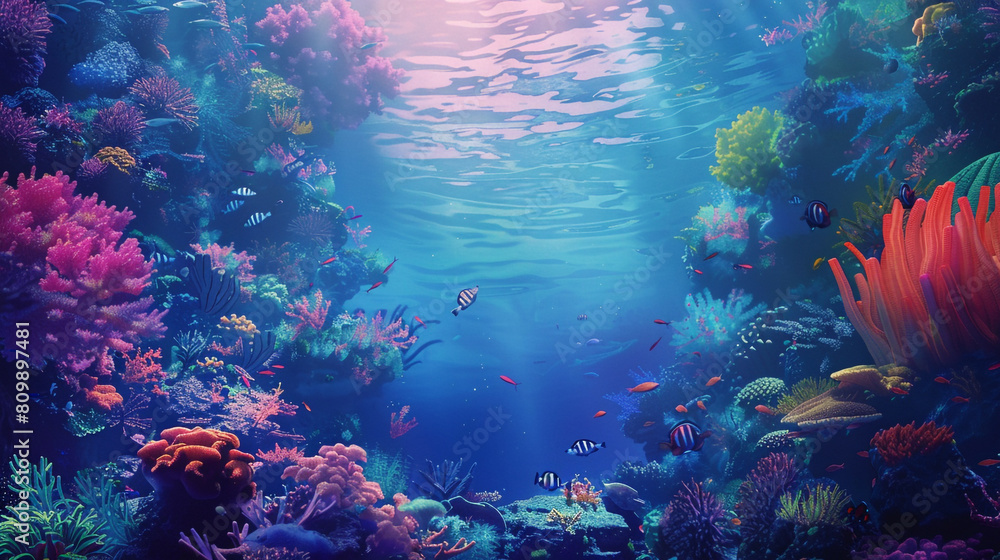 A colorful underwater scene with a variety of fish and coral. Cartoon style. A colorful underwater scene with a variety of fish and coral. Cartoon style.