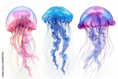 Jellyfish,  Pastel-colored, in hand-drawn style, watercolor, isolated on white background © wasan