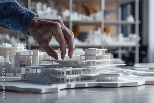 Focused shot of an architects hand adjusting a 3D printed model of a building  © Tohamina