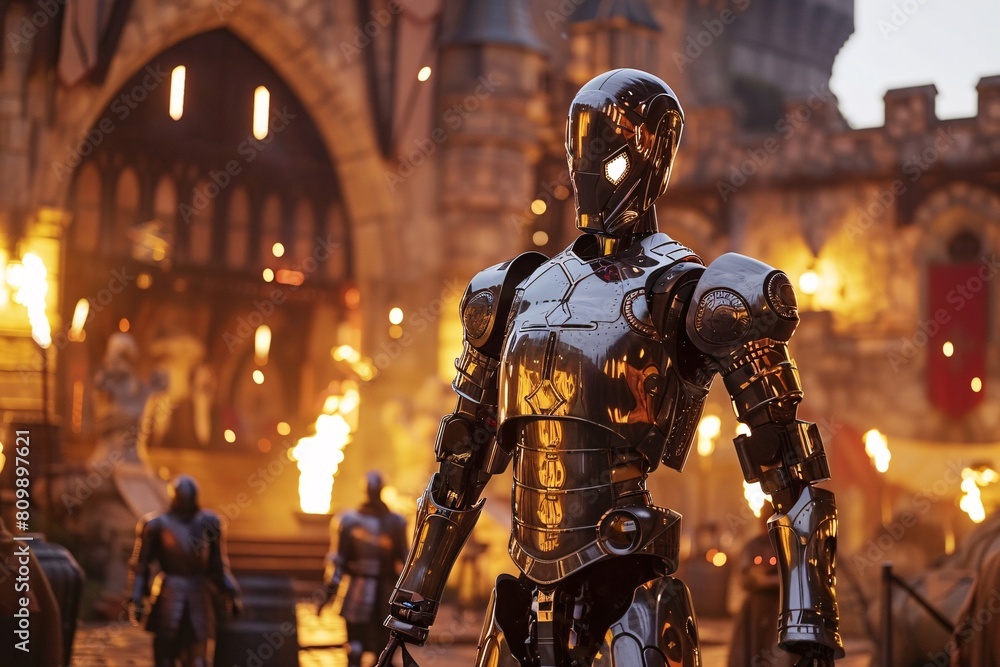 A voyager from the future, garbed in advanced cybernetic implants, arrives in the medieval age, amidst castle battlements and armored knights, under the flickering torchlight A voyager from the future, garbed in advanced cybernetic implants, arrives in the medieval age, amidst castle battlements and armored knights, under the flickering torchlight