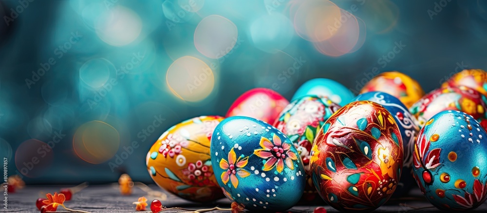 Happy Easter egg on a background with painted Easter Eggs providing ample copy space image