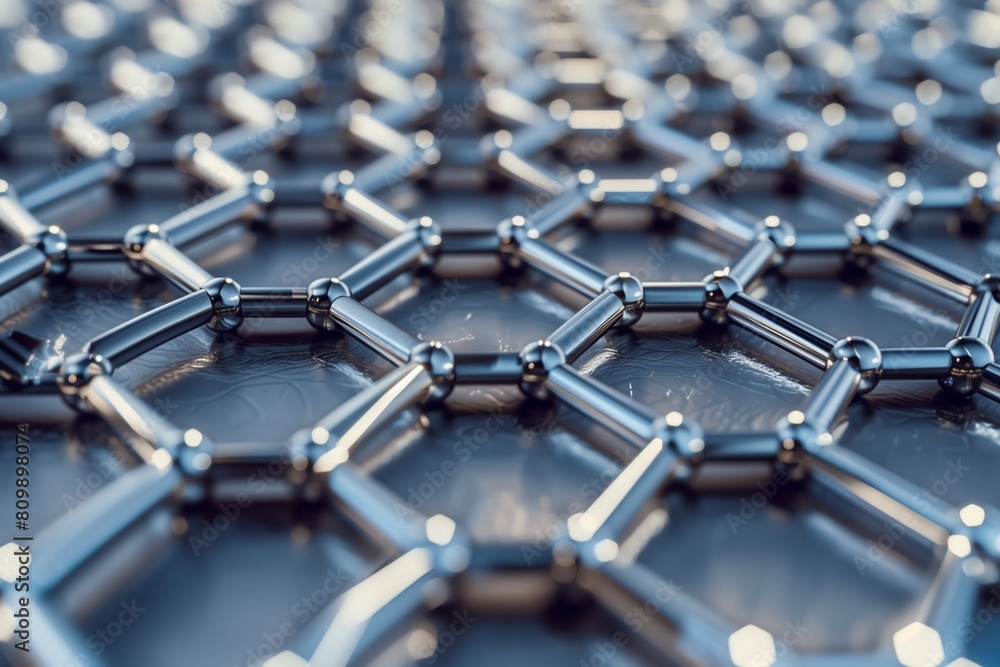 Detailed rendering of a graphene structure with metallic spheres and rods Detailed rendering of a graphene structure with metallic spheres and rods