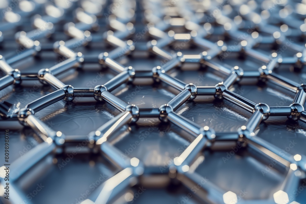 Detailed rendering of a graphene structure with metallic spheres and rods