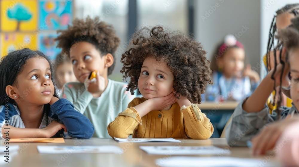 A group of diverse children sitting together at a wooden table, engaged in conversation and activities. A group of diverse children sitting together at a wooden table, engaged in conversation and activities.