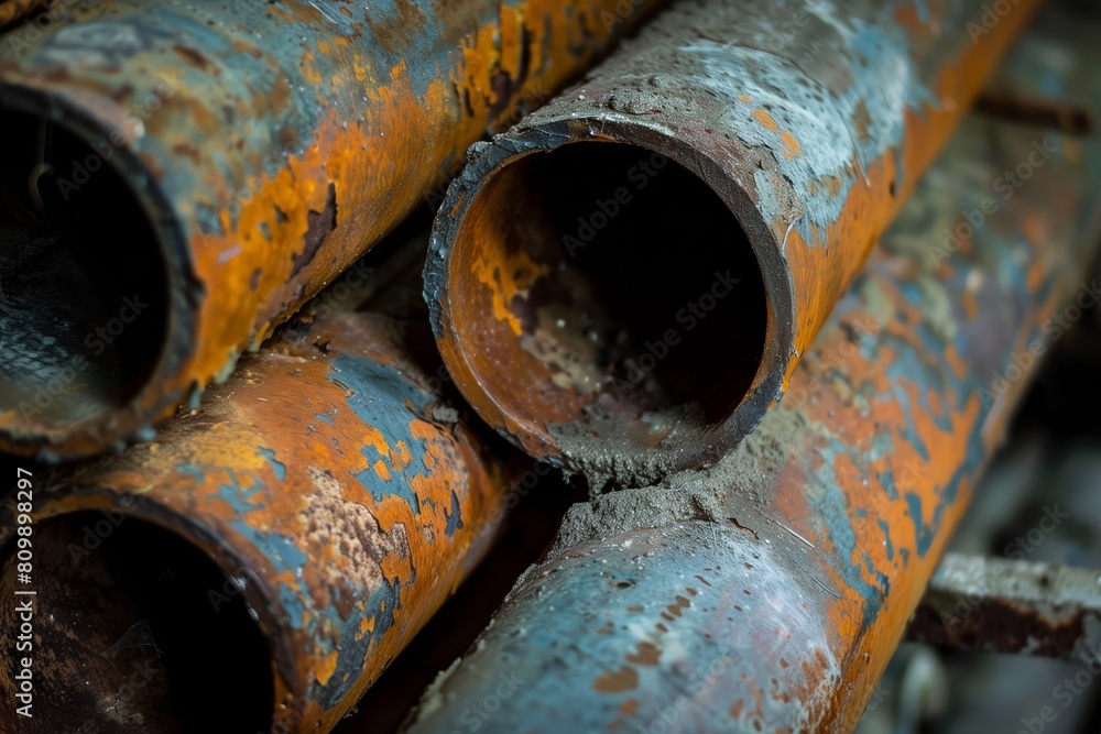 Close-up of old rusty pipes, displaying their weathered condition and the peeling orange paint Close-up of old rusty pipes, displaying their weathered condition and the peeling orange paint