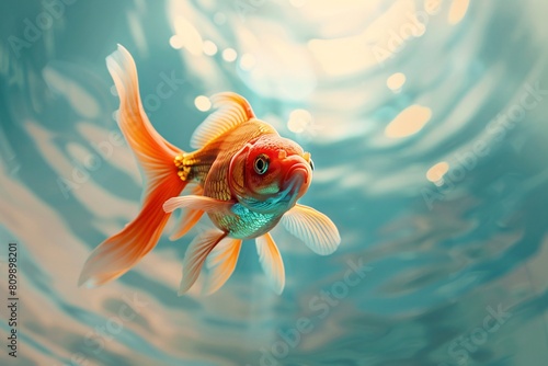 A detailed shot of a circular fish aquarium featuring a lively goldfish  set against a plain pastel background  capturing the serenity of underwater life