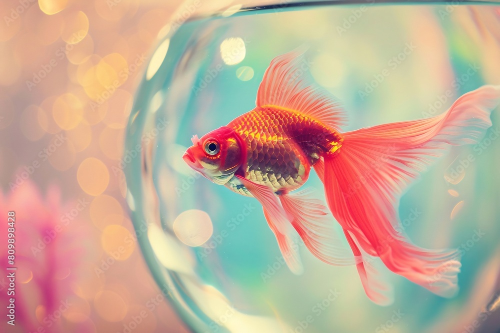 A close-up image featuring a round fish tank with a vibrant red goldfish swimming gracefully inside against a soft, pastel-colored background