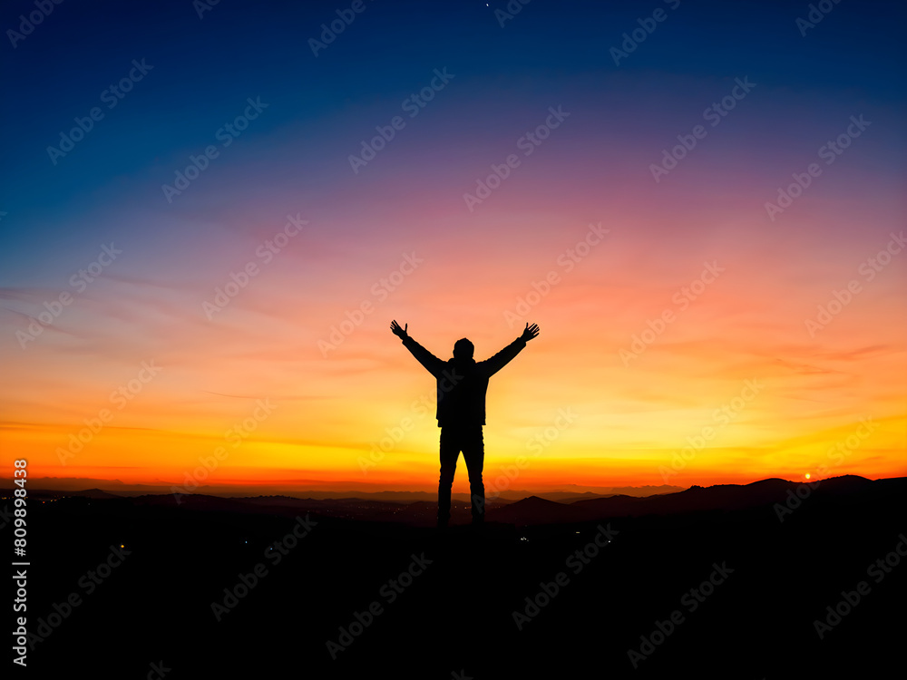 Silhouetted Dreams: Traveler Reaches the Peak, Arms Open to the Sunset. Adventure's Reward. Man Silhouetted Against a Fiery Sunset. generative AI Silhouetted Dreams: Traveler Reaches the Peak, Arms Open to the Sunset. Adventure's Reward. Man Silhouetted Against a Fiery Sunset. generative AI