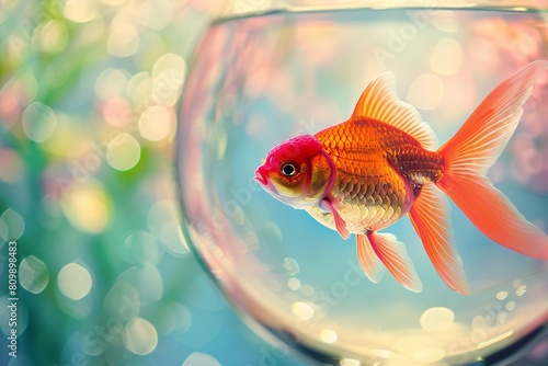 A close-up image featuring a round fish tank with a vibrant red goldfish swimming gracefully inside against a soft, pastel-colored background © Maelgoa