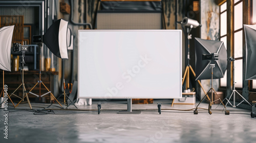 A white TV screen set in a film studio with a versatile virtual studio background.