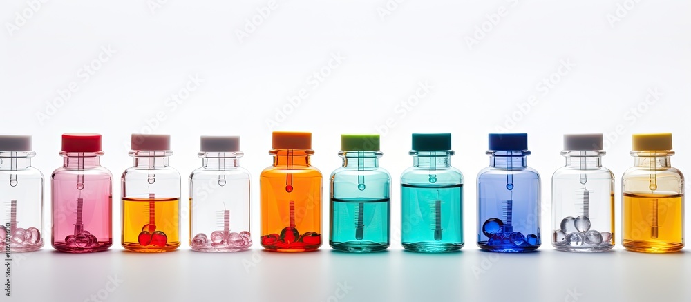 Copy space image of medical vaccine ampoules and insulin medication bottles on a white background Copy space image of medical vaccine ampoules and insulin medication bottles on a white background