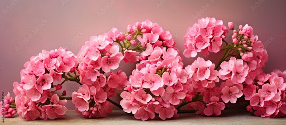 Fototapeta premium Pink kalanchoe blossfeldiana flowers arranged in a delicate bouquet placed on a vintage piece of paper with empty space for additional content