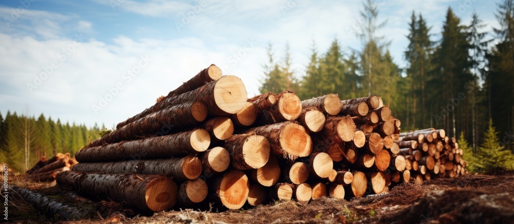 Woodpile of freshly harvested logs with a forest in the background depicting deforestation Ample copy space image Woodpile of freshly harvested logs with a forest in the background depicting deforestation Ample copy space image