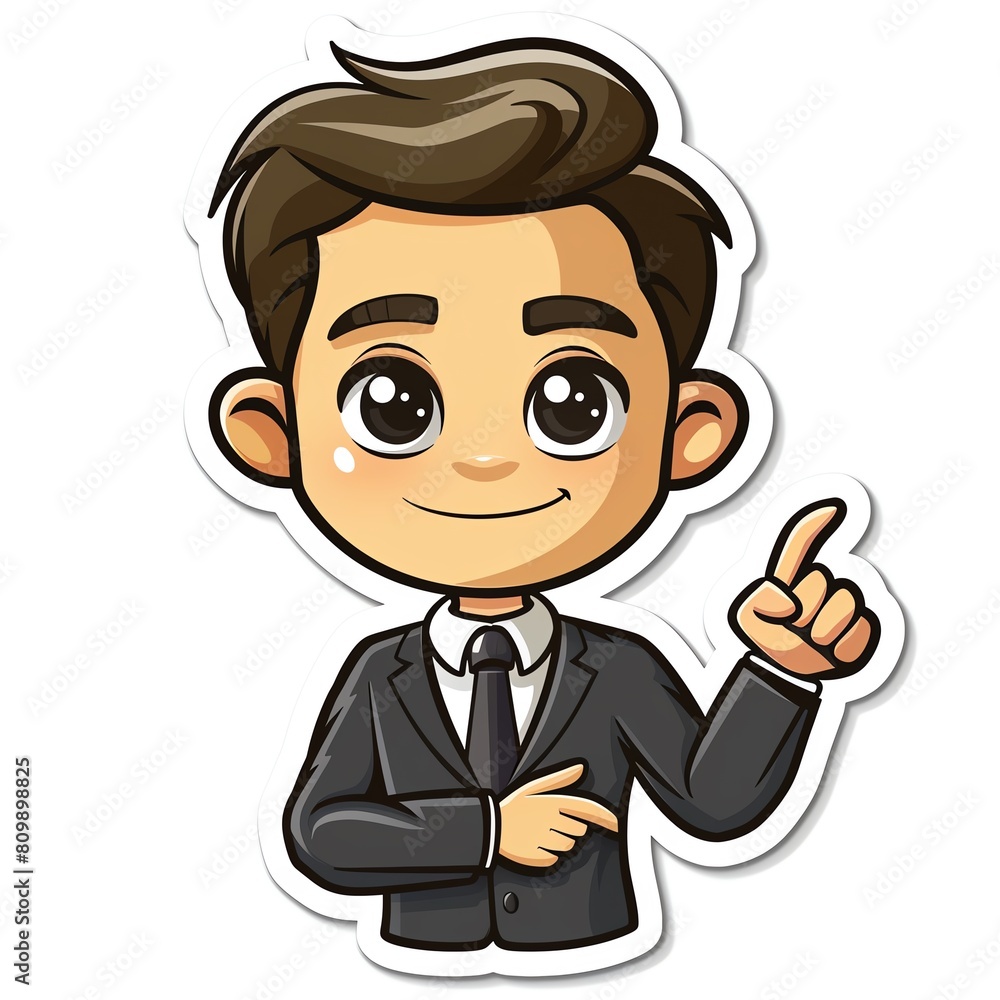 A young professional in a suit and tie is pointing at something off-screen with a smile on his face. A young professional in a suit and tie is pointing at something off-screen with a smile on his face.