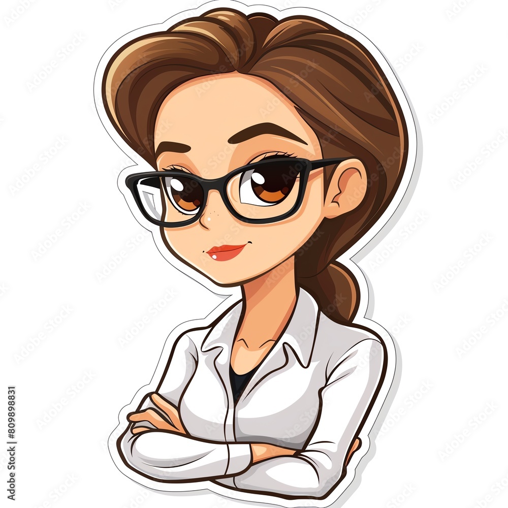 Create a vector illustration of a professional woman with brown hair, brown eyes, and glasses. The woman should be wearing a white lab coat and have her arms crossed. Create a vector illustration of a professional woman with brown hair, brown eyes, and glasses. The woman should be wearing a white lab coat and have her arms crossed.