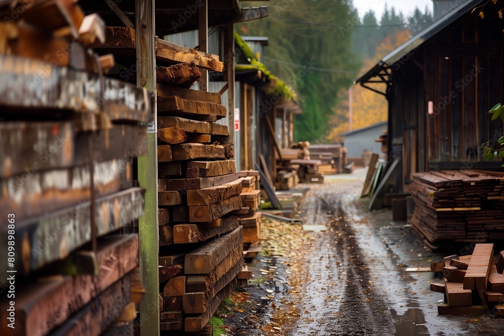 A serene yet industrious scene at a lumber mill, with stacks of wood lined alongside a worn building amidst a foggy backdrop A serene yet industrious scene at a lumber mill, with stacks of wood lined alongside a worn building amidst a foggy backdrop