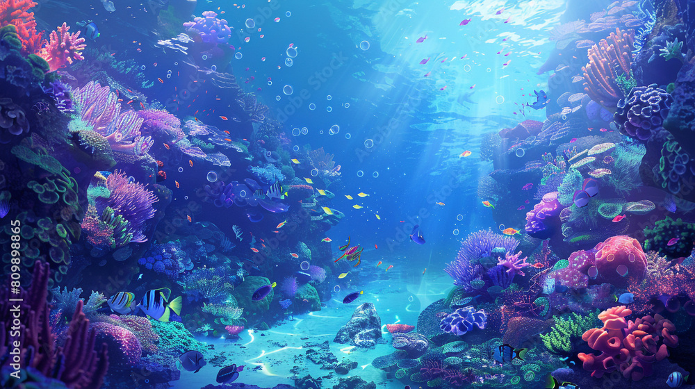 Naklejka premium A colorful underwater scene with a variety of fish and coral. Cartoon style.