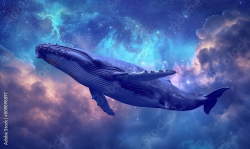 Humpback whale swimming in a cosmos that seems unreal.
