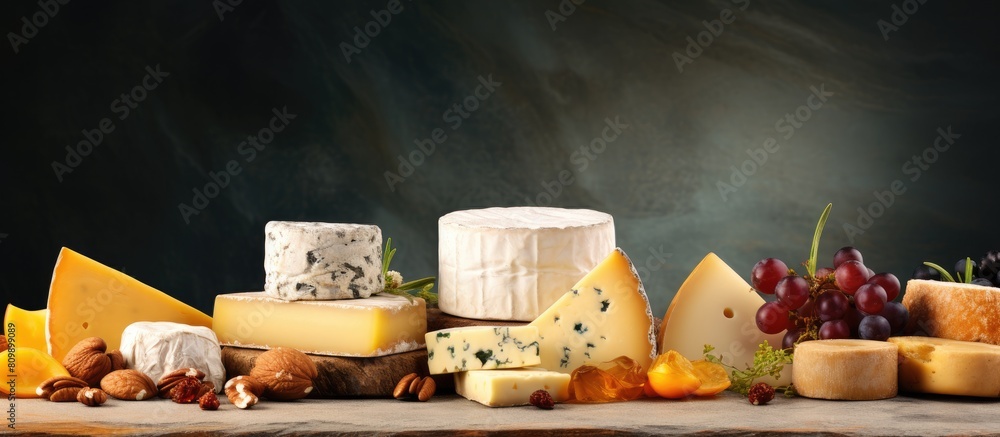 A copy space image of assorted cheeses complemented with honey and nuts The cheeses are elegantly sliced and arranged on a sturdy stone board A copy space image of assorted cheeses complemented with honey and nuts The cheeses are elegantly sliced and arranged on a sturdy stone board