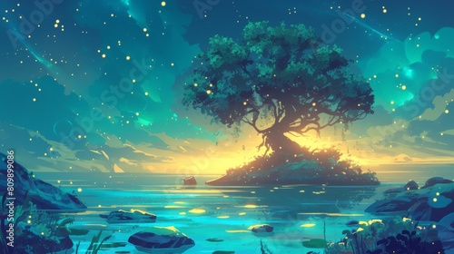 illustration of a fantasy landscape with a tree on the seashore photo