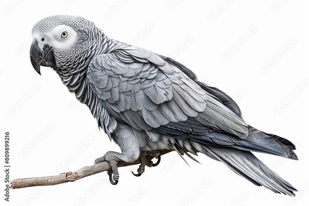 African grey parrot,  Pastel-colored, in hand-drawn style, watercolor, isolated on white background