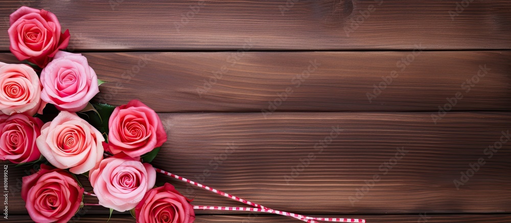 A copy space image with a lollipop red and pink roses placed on a wooden background A copy space image with a lollipop red and pink roses placed on a wooden background
