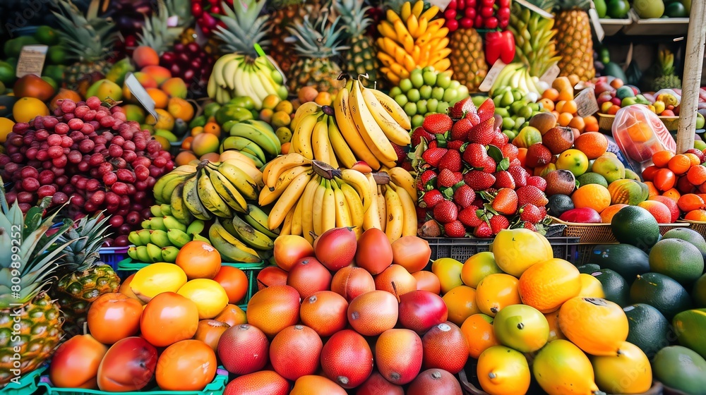 A vibrant and colorful display of fresh fruits at a local market. A vibrant and colorful display of fresh fruits at a local market.