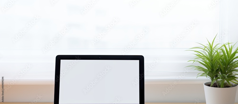 Top view of a white office desk with a tablet displaying a blank screen perfect for showcasing your application The image has ample copy space and is positioned in a flat lay style Top view of a white office desk with a tablet displaying a blank screen perfect for showcasing your application The image has ample copy space and is positioned in a flat lay style
