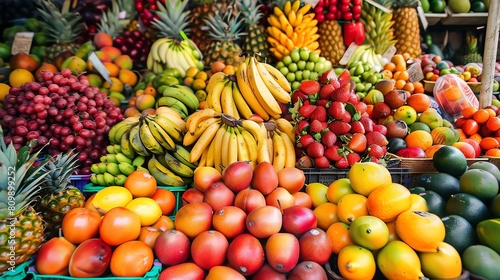 A vibrant and colorful display of fresh fruits at a local market.