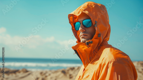Man in orange jacket and sunglasses on beach photo