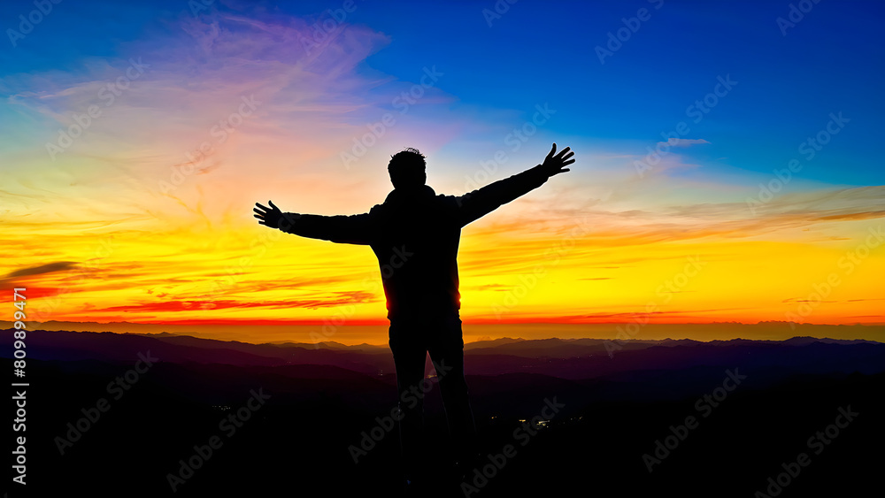 Silhouetted Dreams: Traveler Reaches the Peak, Arms Open to the Sunset. Adventure's Reward. Man Silhouetted Against a Fiery Sunset. generative AI