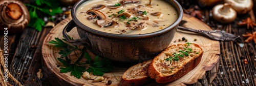 Mushroom Cream Soup, Creamy Soup Made of Champignons, Boletus or Ceps with Rye Bread Toasts photo