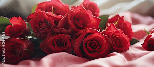 A close up image of a bouquet of stunning roses displayed on a bed with ample copy space