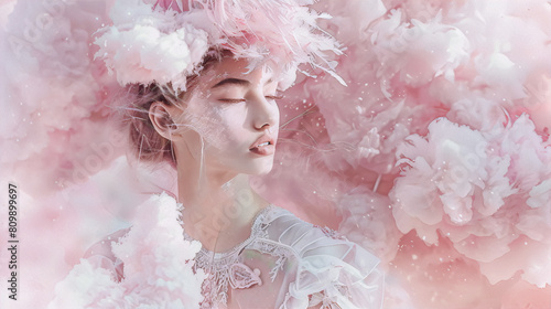 ethereal woman with eyes closed wearing a pink feathered hat and a white dress stands in a dreamy pink cloudscape, conveying a sense of serenity and wonder.