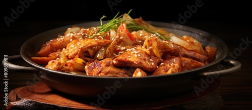 A deliciously spiced Dak Galbi Korean dish combining succulent chicken and crisp cabbage is ready to be savored in this copy space image