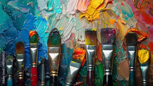 Closeup of assorted artist paintbrushes on canvas for art creation and painting supplies photo