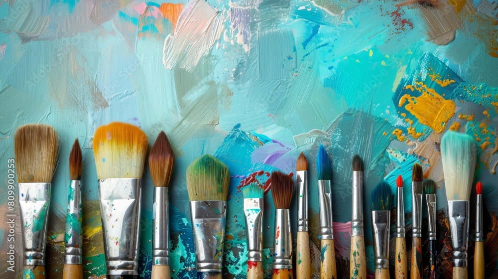 Obraz premium Close-up of artist paintbrushes arranged on canvas background, artistic tools for painting